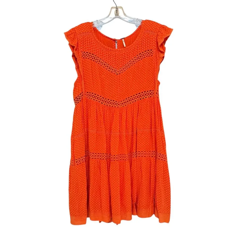 Free People Burnt Orange Tiered Dress Boho Crochet Details Size S Feminine
